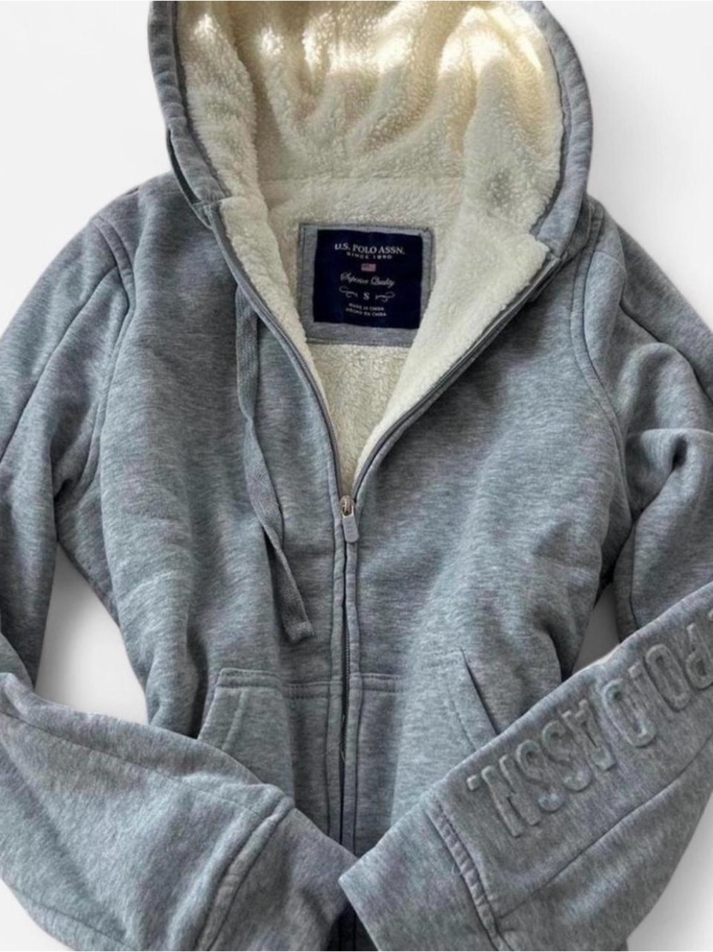 U.S. Polo Assn. Gray Hoodie with Cream Sherpa Lining